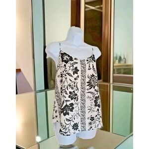 Loft Popover Cami Tank Top M Black Ivory Floral Spaghetti Straps Summer Flowy
